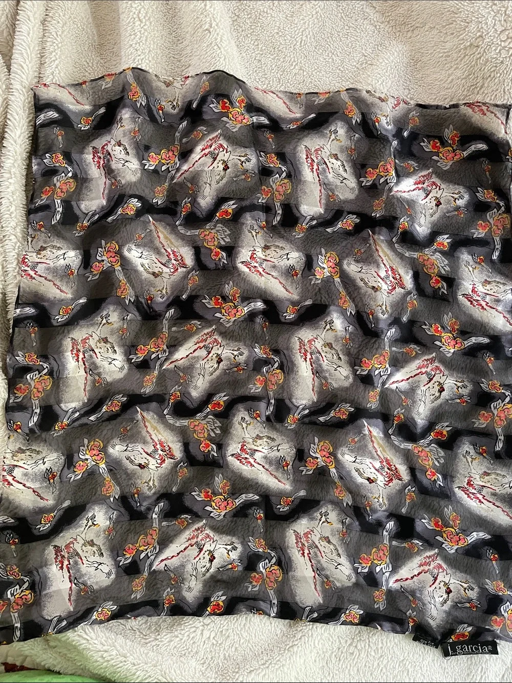 J. Garcia Gray Silk Print Scarf with Red Yellow Accents Women’s